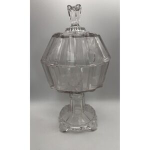Antique EAPG Adams & Co. Clear Ribbon #300 Covered Compote Floral Etched 1880s